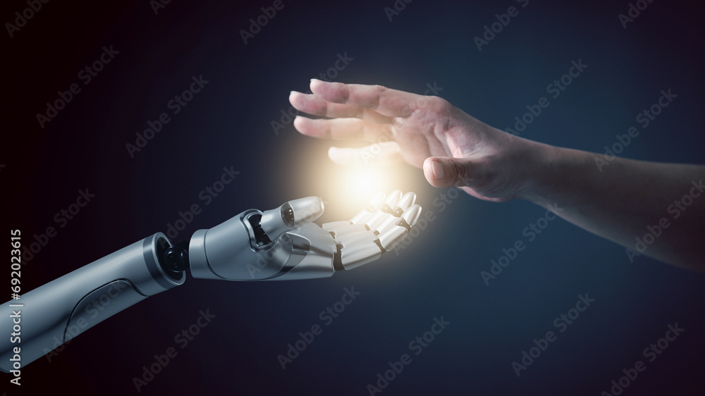 Robot hand touch human hand, the concept of using artificial ...