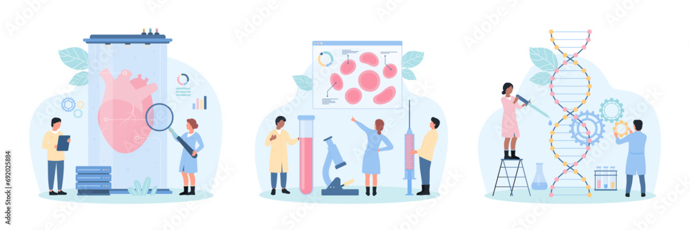 Medical lab biotech research set vector illustration. Cartoon tiny people study DNA molecule and blood sample with microscope, scientists test human heart for transplantation with magnifying glass