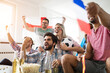 © NDABCREATIVITY - Cheerful and happy group of friends watching olympic games on tv.