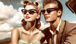  A movie star couple wearing sunglasses in 1950s style, enjoying a summer day against a sunny blue sky, capturing the essence of vintage glamour