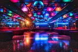 Fototapeta Sport - Interior of a night club with bright lights, neon lights and disco balls