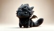 Cute black baby dragon. Cartoon fluffy dragon character. Funny Fantasy monster with wings and big eyes. Fairy-tale hero. Children book. Illustration of tales. Toy design. Print. Copy space. Isolated