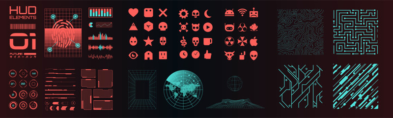 Cyberpunk 3D Cosmic Shapes. Digital Hud elements. Info, label boxes and bars. UI, UX futuristic parts for layouts and templates. Holograms, charts and virtual reality visualizations. Video game maps.
