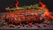 Delicious grilled beef steak with rosemary and peppercorns on black background