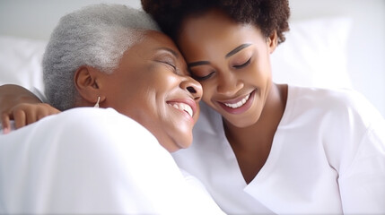 Wall Mural - Happy senior woman enjoying in daughter's affection on Mother's day.