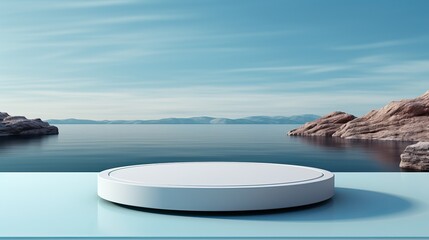 3d render round platform on water and sand with glass wall panels. minimal landscape mockup for prod