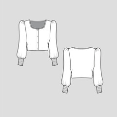 Wall Mural - Fashion Crop top Smocked baloon sleeve button panel smocking  puff long sleeve with smocking cuffs fashion cropped blouse t shirt top flat sketch technical drawing template design vector