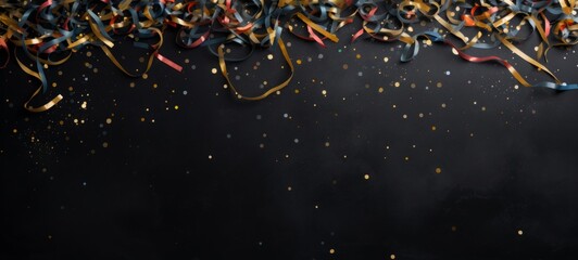 Aufkleber - Festive carnival new year's eve celebration party banner texture - Falling colorful multicolored glitter confetti and streamers isolated on black concrete table background, top view