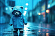 © Garnar - A blue toy bear in a raincoat walk alone in the rainy street background. The depressed bear looks sad and lonely, as if it is lost or abandoned. Blue Monday concept. Copy space