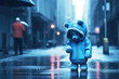 A blue depressed toy bear in raincoat walk in the rainy street background. Blue Monday and loneliness concept. Copy space
