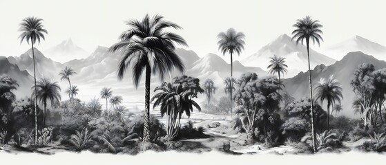  trees on the beach. Sketch landscape with palm tree. Vacation on tropical beach. black and white