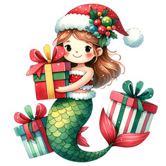 Wall Mural - cute watercoloro Christmas mermaid