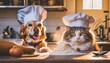 Dog and Cat Cooking Together in the Kitchen