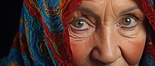 Close Up Portrait Of Old Woman Arab Muslim Elderly In Hijab . Female Brown Eyes And Face Covered. Oriental Girl In A Burqa. Straight Look Expressive Eyes, Close-up Portrait. Generative Ai