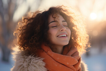 Wall Mural - A brunette woman breathes calmly looking up enjoying winter season