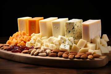 Cheese of different ages on a wooden board with different nuts.