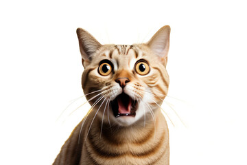 Studio portrait of funny and excited cat face showing shocked or surprised expression isolated on transparent png background.