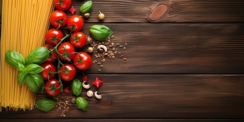 Sticker - spaghetti with tomato and basil on wooden plate with space for text