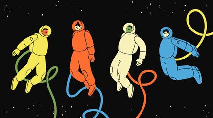 Wall Mural - people flying in outer space. colorful suits. astronaut or spaceman. cute characters. cartoon flat s