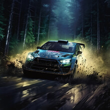 A Blue Rally Car Speeds Down A Wet And Muddy Dirt Road In The Forest. The Car Is Covered In Mud And Dirt, And The Driver Wears A Helmet.