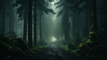 A Foggy And Mysterious Forest With Tall Trees Disappearing Into The Mist, Creating An Ethereal And Atmospheric Woodland Setting