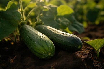 Wall Mural - Two cucumbers ripen on a bed in the sun