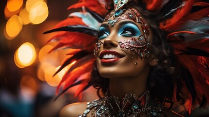 Wall Mural - face of a beautiful brazilian girl at the carnival in Rio de Janeiro, decorated with precious stones, poster, banner