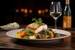 A delectable halibut fillet dinner served with a refreshing glass of white wine and a colorful vegetable side
