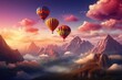 A hot air balloon is flying over foggy and cloudy mountains high in air Generative Ai
