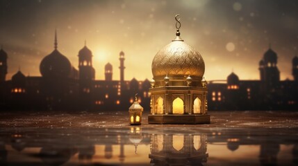 Wall Mural - A miniature mosque sitting on a table in front of a cityscape. 