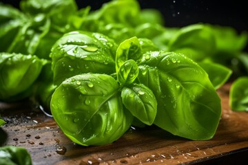 Wall Mural - A detailed food photography shot of dew-kissed basil leaves on a rustic backdrop