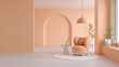 Peach fuzz trend color of the year 2024  ,minimal interior  livingroom. peach armchair  with peach color paint wall. . Mockup background. 3d render