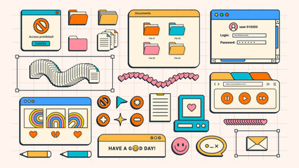 26 flat cartoon user interface elements. old computer screen. retro vaporwave vector windows. y2k st