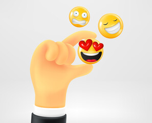 Wall Mural - Man holding social media emoji. Making choice for reaction. Vector 3d illustration
