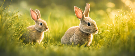 Wall Mural - Adorable rabbit sitting on grass with natural bokeh in backdrop. Cute baby