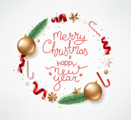 Wall Mural - Christmas greeting card with wreath and lettering inscription. 3d vector
