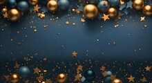 Animated Gold Christmas Background With Gold Foil Stars In Dark Teal And Dark Sky Blue Style, Glowing Balls