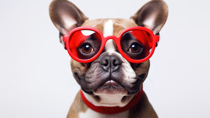 Wall Mural - ?lose-up of a happy dog , wearing bright red glasses, smiling with its tongue out in a cheerful and playful manner.