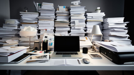 Laptop sits on a desk surrounded by towering stacks of papers and documents