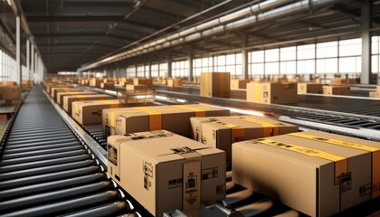 Wall Mural - Seamless flow of numerous cardboard box packages in a bustling warehouse fulfillment center