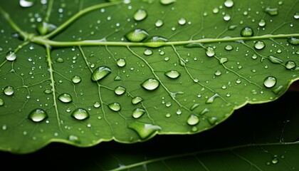 Wall Mural - Morning sunlight illuminating glistening raindrops on vibrant green leaf with intricate texture