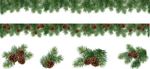 Wall Mural - Realistic vector Christmas isolated tree branches garland and collections of Christmas tree branch with pine cones	