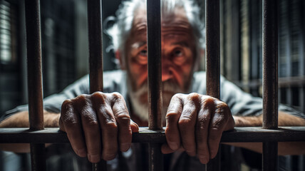 Wall Mural - Elderly criminal in the prison uniform looking directly at the camera through the metal bars. Steel cage jail bars. Offender criminal locked in jail.