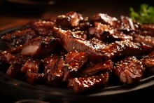 Close Up Shot Of Mouthwatering Sliced Barbecue Pork Ribs, Ready To Be Savored With Tangy Sauce