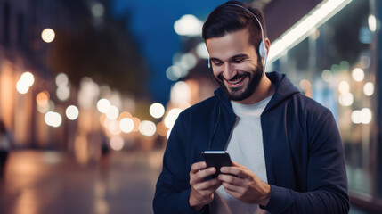 Poster - Man uses a cell phone on a city street at night