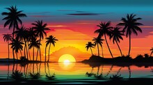 Sunset At Exotic Tropical Beach With Palm Trees And Sea, Colorful Illustration In Style Of Purple And Orange, Beauty At Nature