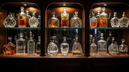 Wall Mural - A collection of rare whiskies in crystal decanters, displayed on a polished mahogany shelf.