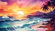 sunset at exotic tropical beach with palm trees and sea, colorful illustration in style of watercolor ink, beauty at nature
