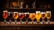 A selection of craft beers in assorted glasses, showcased on a rustic bar shelf with ambient, warm lighting.