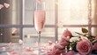 A sparkling rose wine effervescing in a flute, with pink rose petals scattered around the base on a marble surface.